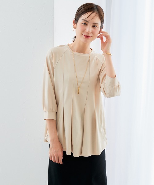 7days Life Styling（セブンデイズライフスタイリング）の「ブラウス見え　シルケットポンチタックフレアチュニック（シャツ/ブラウス・レディース・グレイッシュベージュ/ブラック/サックスブルー/オフホワイト・S/M/L/LL/3L）」の11枚目の写真