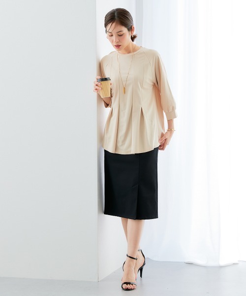 7days Life Styling（セブンデイズライフスタイリング）の「ブラウス見え　シルケットポンチタックフレアチュニック（シャツ/ブラウス・レディース・グレイッシュベージュ/ブラック/サックスブルー/オフホワイト・S/M/L/LL/3L）」の13枚目の写真