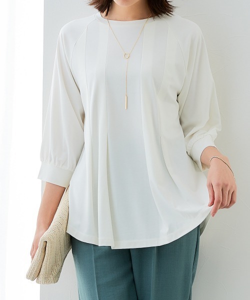 7days Life Styling（セブンデイズライフスタイリング）の「ブラウス見え　シルケットポンチタックフレアチュニック（シャツ/ブラウス・レディース・グレイッシュベージュ/ブラック/サックスブルー/オフホワイト・S/M/L/LL/3L）」の17枚目の写真