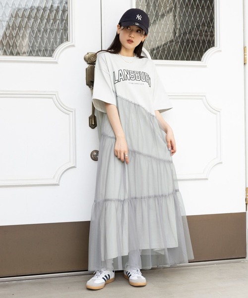 RAGEBLUE（レイジブルー）の「カレッジロゴ/アシメチュールドッキングワンピース（ワンピース・レディース・グレー/ネイビー系・FREE）」の2枚目の写真