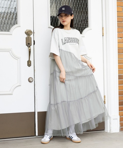 RAGEBLUE（レイジブルー）の「カレッジロゴ/アシメチュールドッキングワンピース（ワンピース・レディース・グレー/ネイビー系・FREE）」の3枚目の写真