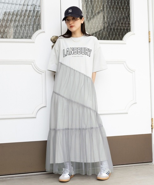 RAGEBLUE（レイジブルー）の「カレッジロゴ/アシメチュールドッキングワンピース（ワンピース・レディース・グレー/ネイビー系・FREE）」の4枚目の写真