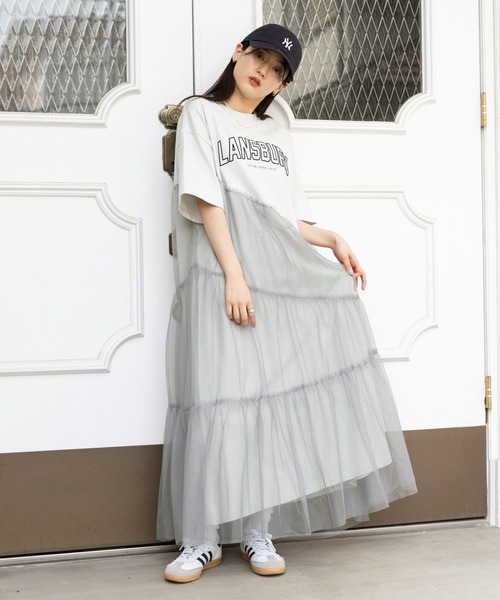 RAGEBLUE（レイジブルー）の「カレッジロゴ/アシメチュールドッキングワンピース（ワンピース・レディース・グレー/ネイビー系・FREE）」の5枚目の写真