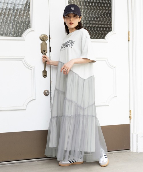 RAGEBLUE（レイジブルー）の「カレッジロゴ/アシメチュールドッキングワンピース（ワンピース・レディース・グレー/ネイビー系・FREE）」の6枚目の写真