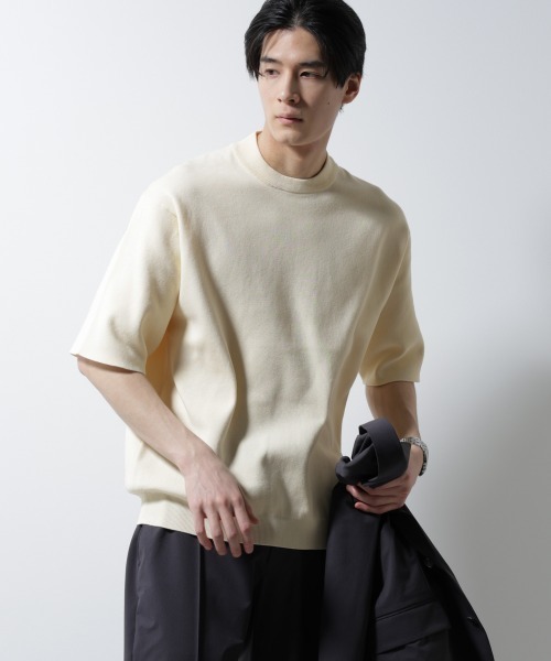 NANO universe（ナノユニバース）の「14ゲージミラノリブニット ジャケT型 半袖(手洗い可能)（ニット/セーター・メンズ・ライトブラウン/ネイビー/アイボリー・S/M/L）」の2枚目の写真