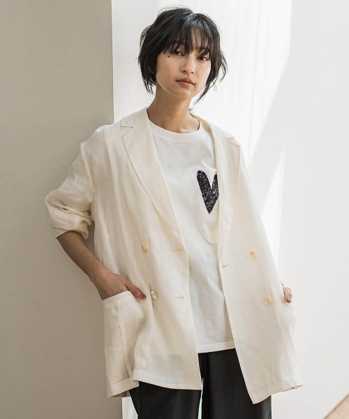 MAYSON GREY(メイソングレイ)の「ペーパーリネンダブルブレストジャケット≪手洗い可能≫(ダウンジャケット/コート・レディース・オフホワイト/ブラウン・M)」の15枚目の写真