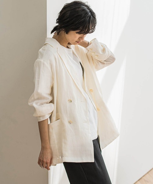 MAYSON GREY(メイソングレイ)の「ペーパーリネンダブルブレストジャケット≪手洗い可能≫(ダウンジャケット/コート・レディース・オフホワイト/ブラウン・M)」の16枚目の写真