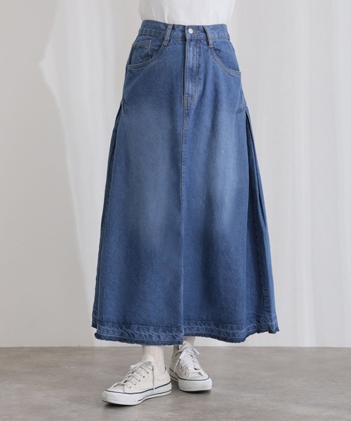 ElegChic(エレグシック)の「コットンサイド タック デニム スカート (デニムスカート・レディース・ブルー/ネイビー系/ネイビー・XL/L/4L/XXL/M)」の4枚目の写真