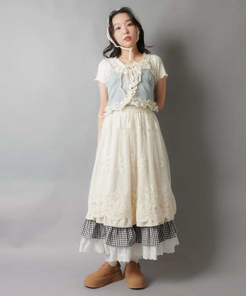 定価約10万円 バレンシアガ　4層シルク・フレアレイヤードデザインスカート フレアロングスカート/4段レイヤード/レース/NEO森ガール