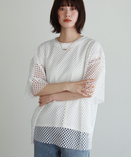shetila（シェティラ）の「シアーメッシュ オーバーサイズＴシャツ（Tシャツ/カットソー・レディース・ブラック/グレー/ホワイト/ボルドー・F）」の5枚目の写真