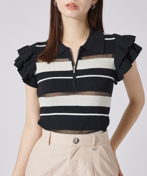 セール】ハーフジップフリルショルダーニットトップス 半袖 夏服