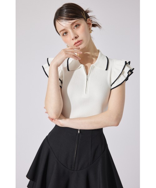 rienda(リエンダ)の「ハーフジップフリルショルダーニットトップス 半袖 夏服 ノースリーブトップス サマーニット(ポロシャツ・レディース・ホワイト/レッド/ブラック系その他・FREE)」の12枚目の写真