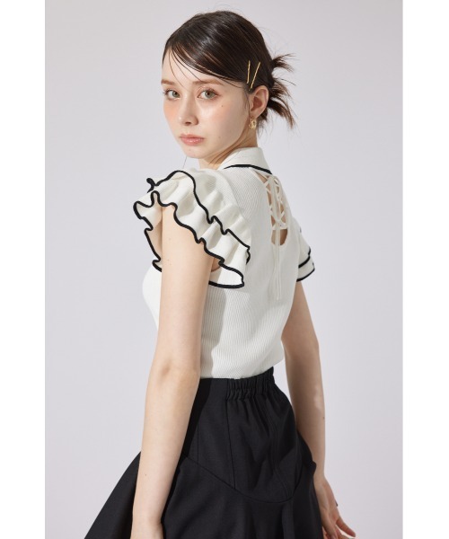 rienda(リエンダ)の「ハーフジップフリルショルダーニットトップス 半袖 夏服 ノースリーブトップス サマーニット(ポロシャツ・レディース・ホワイト/レッド/ブラック系その他・FREE)」の13枚目の写真