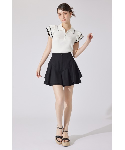 ハーフジップフリルショルダーニットトップス 半袖 夏服