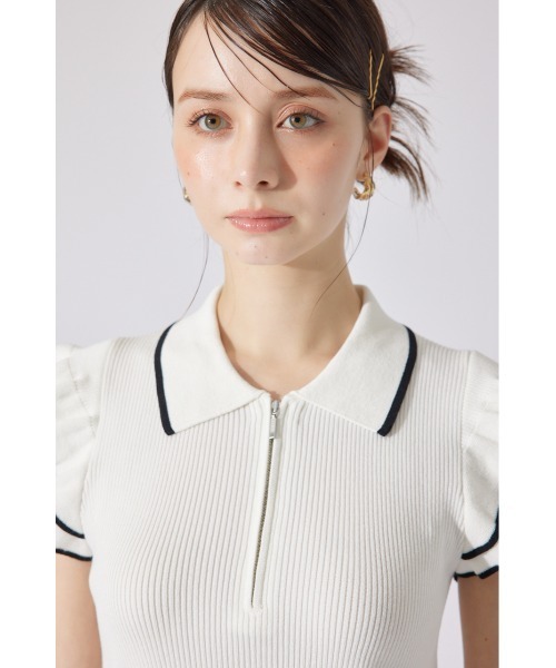 ポロシャツ ポロ ハーフジップフリルショルダーニットトップス 半袖 夏服 ノースリーブトップス サマーニット レディース ハーフジップフリルショルダーニットトップス 半袖 夏服