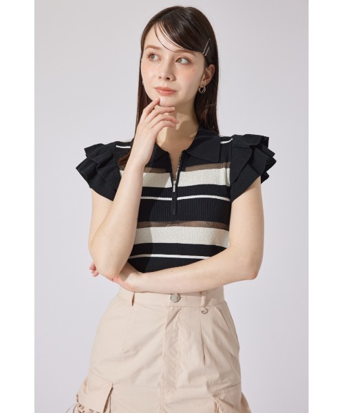 ポロシャツ ポロ ハーフジップフリルショルダーニットトップス 半袖 夏服 ノースリーブトップス サマーニット レディース ハーフジップフリルショルダーニットトップス 半袖 夏服