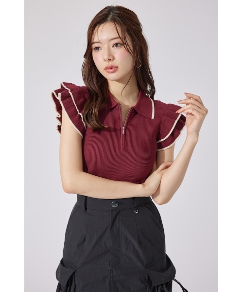 セール】ハーフジップフリルショルダーニットトップス 半袖 夏服