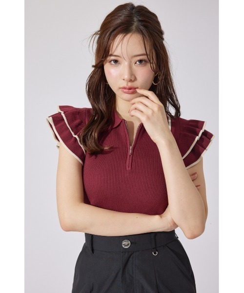 rienda(リエンダ)の「ハーフジップフリルショルダーニットトップス 半袖 夏服 ノースリーブトップス サマーニット(ポロシャツ・レディース・ホワイト/レッド/ブラック系その他・FREE)」の9枚目の写真