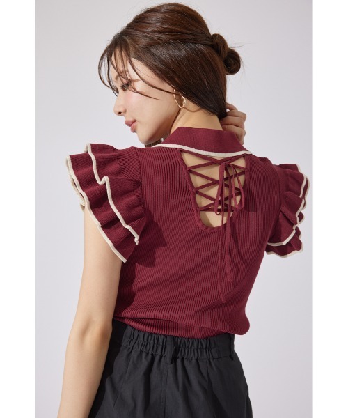 ハーフジップフリルショルダーニットトップス 半袖 夏服