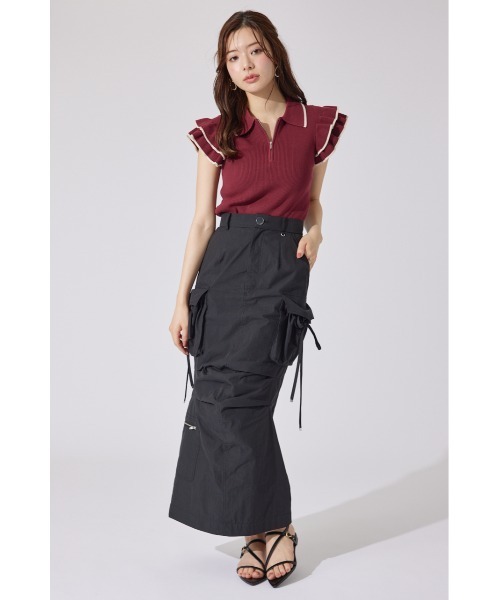 ポロシャツ ポロ ハーフジップフリルショルダーニットトップス 半袖 夏服 ノースリーブトップス サマーニット レディース ハーフジップフリルショルダーニットトップス 半袖 夏服