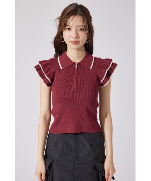 ポロシャツ ポロ ハーフジップフリルショルダーニットトップス 半袖 夏服 ノースリーブトップス サマーニット レディース ハーフジップフリルショルダーニットトップス 半袖 夏服
