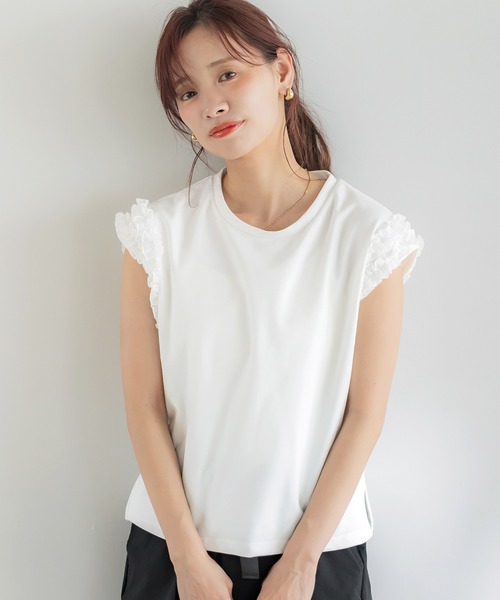 専用　ホワイトフリルノースリーブシャツ M フロントギャザーフリルノースリーブシャツ(34P WHITE): M