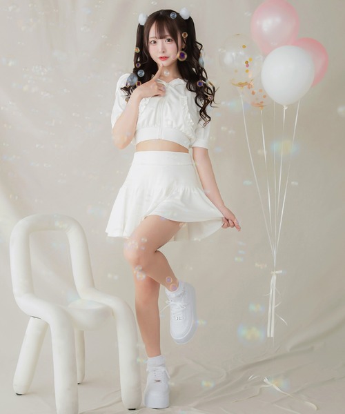 セール】Short Zip Frill Hoodie/ショートジップフリル