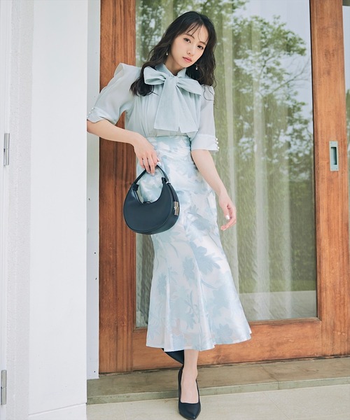 SWINGLE（スウィングル）の「半袖レースリボンボウタイシアーブラウス（シャツ/ブラウス・レディース・ピンク/ミント/ネイビー/アイボリー・FREE）」の11枚目の写真