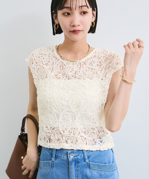 VIS(ビス)の「コードレースシアーノースリーブプルオーバー(Tシャツ/カットソー・レディース・オフホワイト/ブラック・FREE)」の1枚目の写真