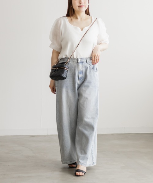 CLETTE(クレット)の「シアー袖ハートネックニット(ニット/セーター・レディース・ブラック/オフホワイト・LL/3L/4L)」の4枚目の写真