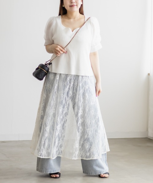 CLETTE(クレット)の「シアー袖ハートネックニット(ニット/セーター・レディース・ブラック/オフホワイト・LL/3L/4L)」の7枚目の写真