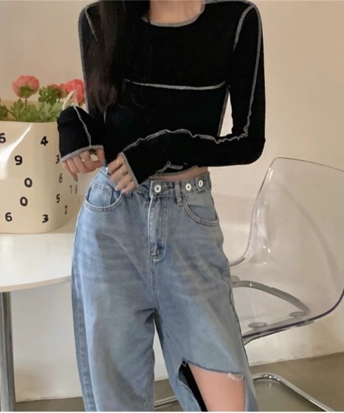 WEGO(ウィゴー)の「WEGO/オーバーロックタイトショート丈トップス/ロンT(Tシャツ/カットソー・レディース・グレー/ブラック/ホワイト・SMALL/MEDIUM)」の12枚目の写真