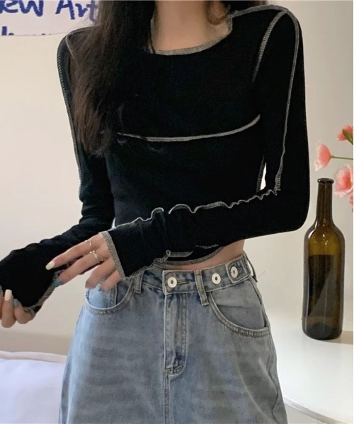 WEGO(ウィゴー)の「WEGO/オーバーロックタイトショート丈トップス/ロンT(Tシャツ/カットソー・レディース・グレー/ブラック/ホワイト・SMALL/MEDIUM)」の13枚目の写真