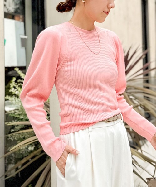 エムズグレイシー　ピンクパフスリーブニット セール】《手洗い可能》リブパフスリーブプルオーバーニット（ニット