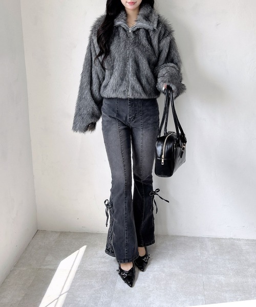 INGNI（イング）の「フロントジップスタンドカラーエコファーコート（ブルゾン・レディース・ブラック/ミックスグレー/アイボリー/ベージュ/ブラウン系8・M）」の16枚目の写真