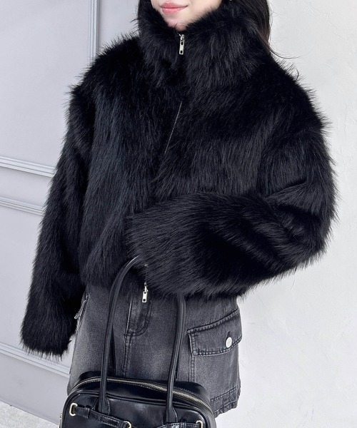 セール】フロントジップスタンドカラーエコファーコート（ブルゾン