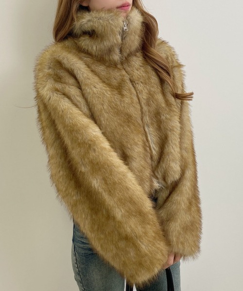 セール】フロントジップスタンドカラーエコファーコート（ブルゾン