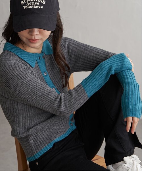 VENCEEXCHANGE(ヴァンスエクスチェンジ)の「バルキー7G配色ポロカーディガン(カーディガン/ボレロ・レディース・ブラック/ブラウン/グレー・FREE)」の1枚目の写真