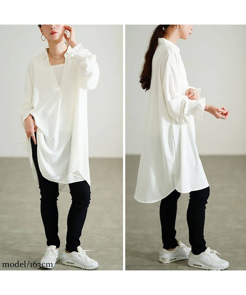 セール】袖口シャーリングスキッパーシャツチュニック【大きいサイズ