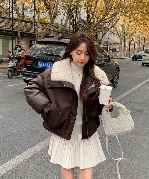 裏起毛ポケットジップアップ　プルオーバー セール】フェイクレザー 衿裏ボア ブルゾン（ブルゾン）｜Ritzy