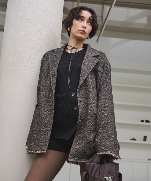 AIC.（エーアイシー）の「アシンメトリーツイードテーラードジャケット/セットアップ可能（テーラードジャケット・レディース・ブラウン/ブラック・FREE）」の2枚目の写真