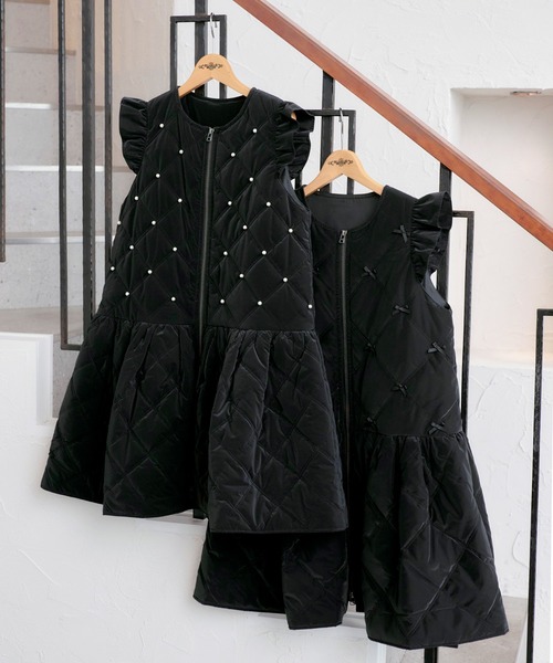 RUIRUE BOUTIQUE(ルイルエブティック)の「グロスタフタ×サーモ・アリーナ | 洗える | キルティング ジレ ワンピース ( パール / リボン ) | アウター / コート / ジレ / キルティングコート(ワンピース・レディース・ブラック/ブラック系1・L/M)」の3枚目の写真