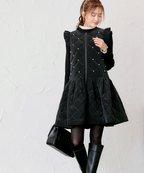RUIRUE BOUTIQUE(ルイルエブティック)の「グロスタフタ×サーモ・アリーナ | 洗える | キルティング ジレ ワンピース ( パール / リボン ) | アウター / コート / ジレ / キルティングコート(ワンピース・レディース・ブラック/ブラック系1・L/M)」の6枚目の写真