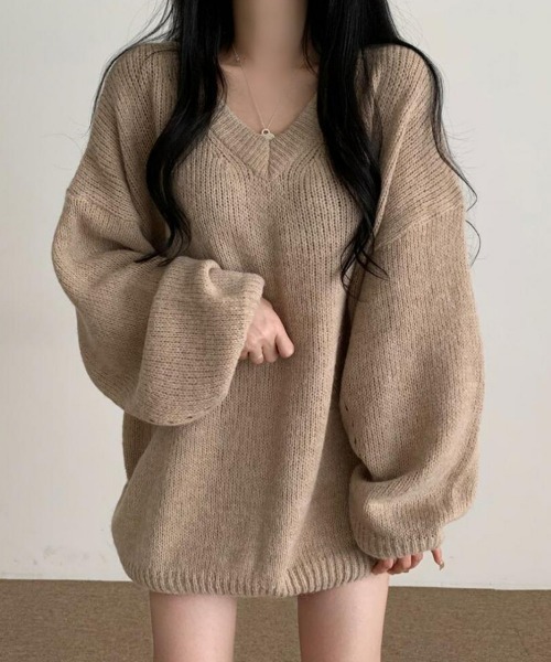 SEU(エスイーユー)の「【小柄さんにおすすめ】ニットトップス レディース オーバーサイズ Vネックニットプルオーバー オフィスカジュアル きれいめカジュアル 韓国風(ニット/セーター・レディース・アイボリー/グレー/ブルー/ピンク/ベージュ・フリー)」の2枚目の写真