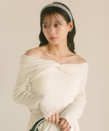 リボンオフショルリブニット