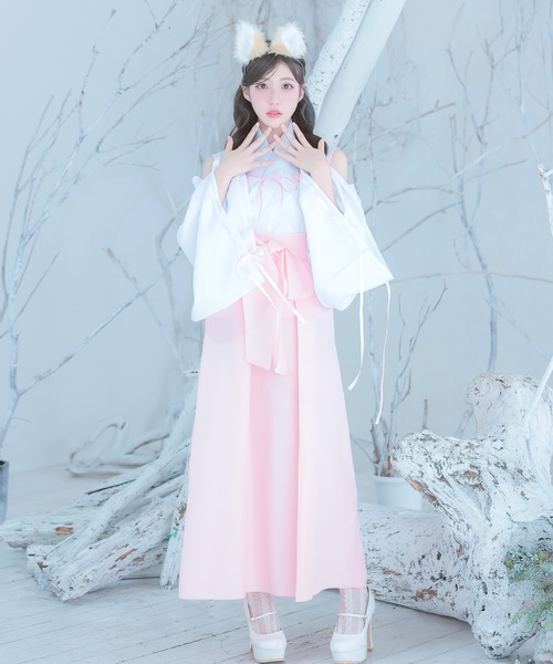 Tika(ティカ)の「コスプレ アニマル 巫女 狐 体型カバー 長袖 ロング丈 オープンショルダー リボン 和装 4点セット コンカフェ(コスチューム/パーティーグッズ・レディース・ホワイト×レッド/ホワイト×ピンク・M)」の4枚目の写真