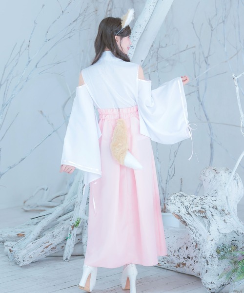 Tika(ティカ)の「コスプレ アニマル 巫女 狐 体型カバー 長袖 ロング丈 オープンショルダー リボン 和装 4点セット コンカフェ(コスチューム/パーティーグッズ・レディース・ホワイト×レッド/ホワイト×ピンク・M)」の5枚目の写真