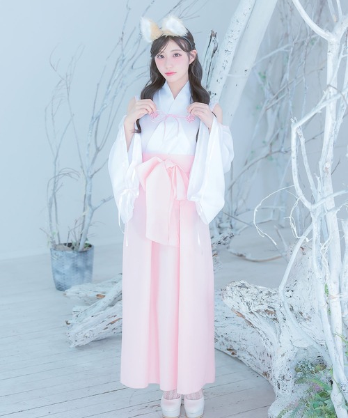 Tika(ティカ)の「コスプレ アニマル 巫女 狐 体型カバー 長袖 ロング丈 オープンショルダー リボン 和装 4点セット コンカフェ(コスチューム/パーティーグッズ・レディース・ホワイト×レッド/ホワイト×ピンク・M)」の6枚目の写真
