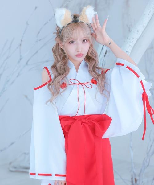 Tika(ティカ)の「コスプレ アニマル 巫女 狐 体型カバー 長袖 ロング丈 オープンショルダー リボン 和装 4点セット コンカフェ(コスチューム/パーティーグッズ・レディース・ホワイト×レッド/ホワイト×ピンク・M)」の7枚目の写真