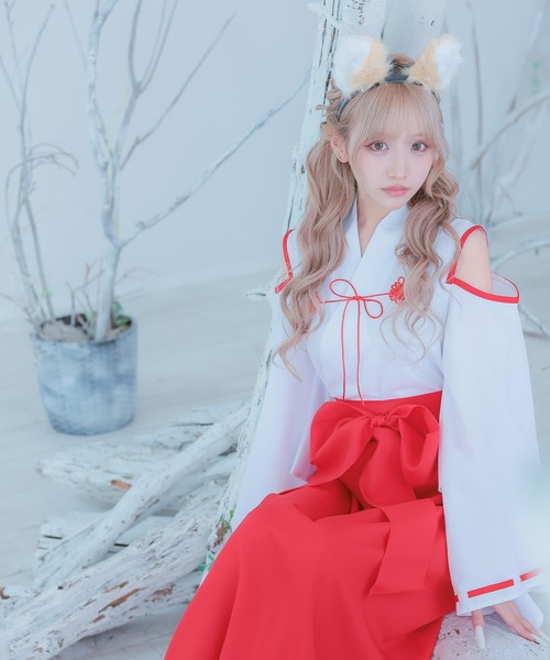 Tika(ティカ)の「コスプレ アニマル 巫女 狐 体型カバー 長袖 ロング丈 オープンショルダー リボン 和装 4点セット コンカフェ(コスチューム/パーティーグッズ・レディース・ホワイト×レッド/ホワイト×ピンク・M)」の8枚目の写真
